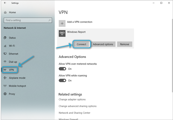VPN Windows 10 button