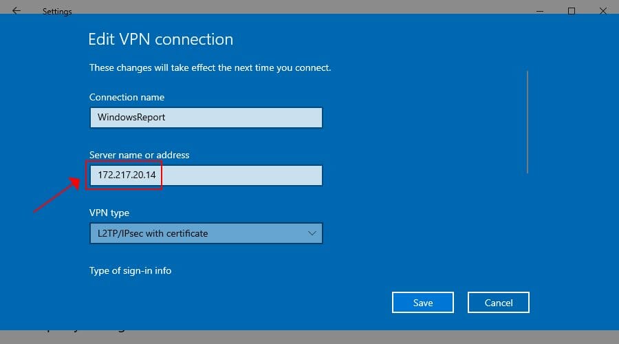 check the L2TP VPN server name or address on Windows 10