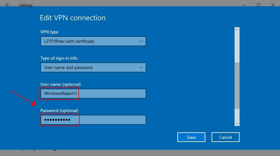 check the L2TP VPN username and password on Windows 10