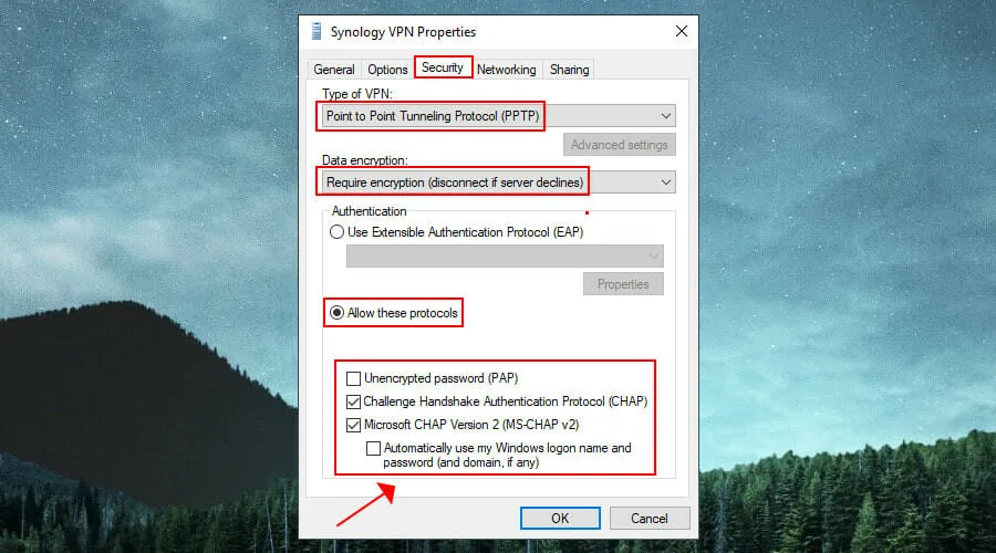 edit PPTP security properties for Synology VPN on Windows 10