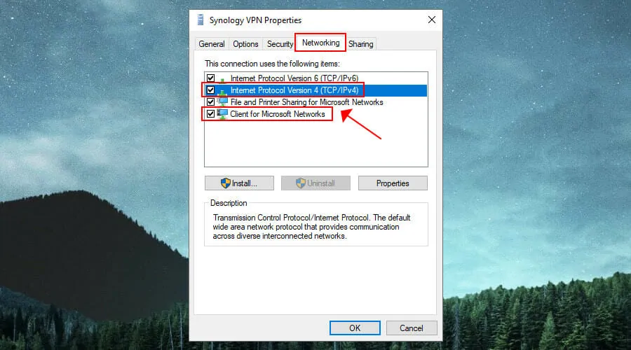 edit VPN security properties for Synology NAS on Windows 10