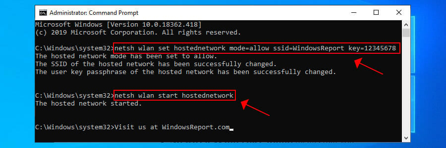 create and start a hosted network on Windows 10