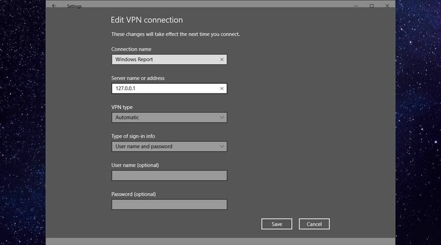 Edit VPN connection in Windows 10