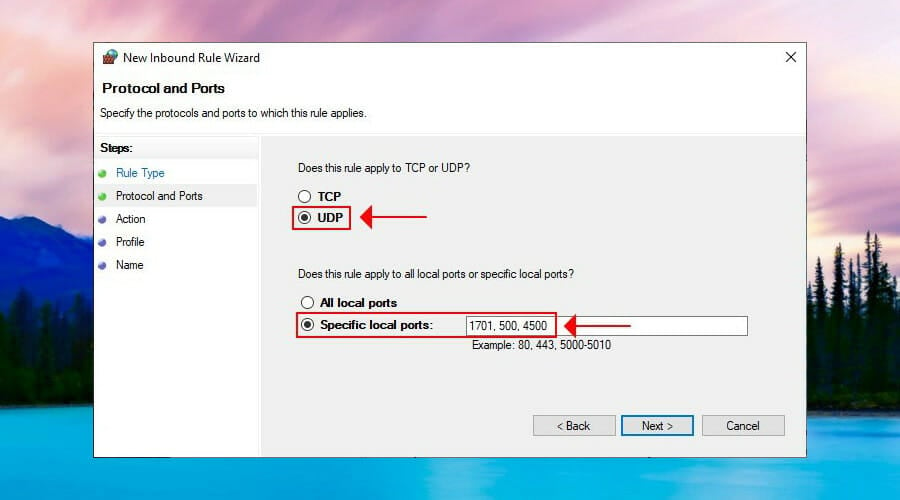 open ports for L2TP on the Windows firewall
