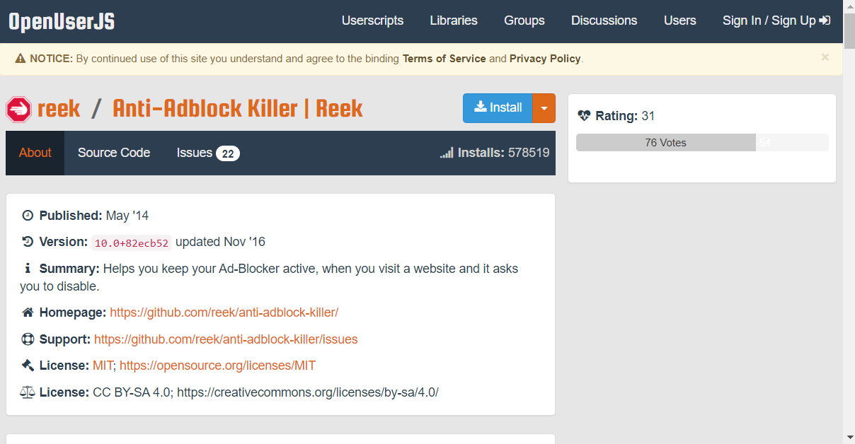 A página do script Anti-Adblock Killer torna o adblock indetectável