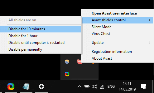 Disable settings for Avast Antivirus windows update code 800b0100