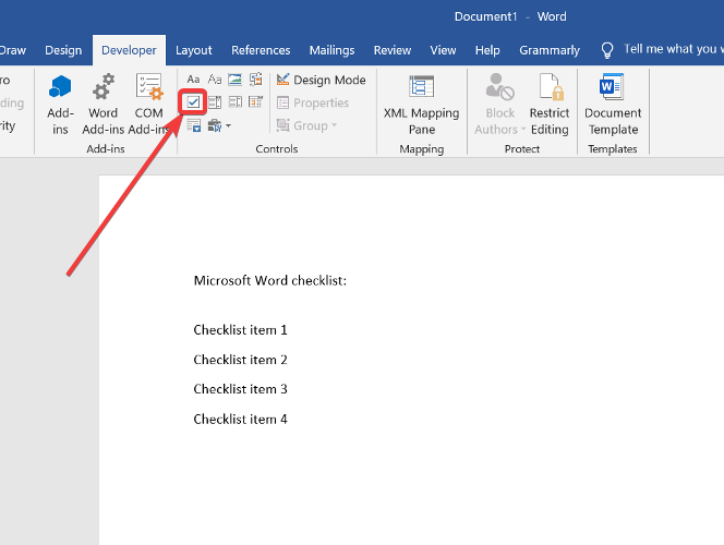 microsoft word checkbox content control group