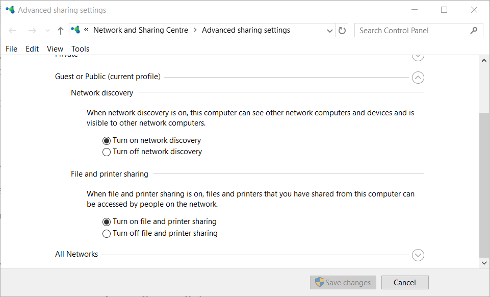 l'opzione Attiva condivisione file e stampanti condivisione file Windows 10 non funziona