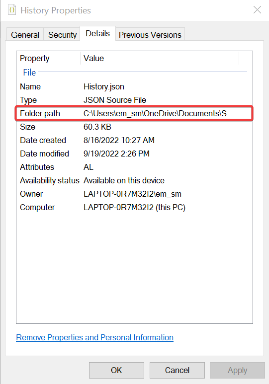 note folder path for locked file
