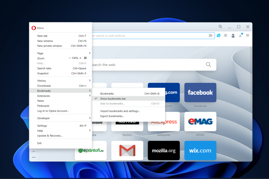 opera-w11 browser toolbar customization