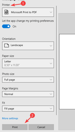 printer settings save screenshot as pdf windows 10