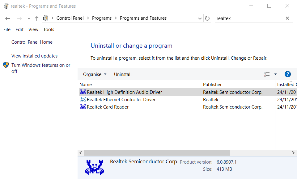 Търсене на Realtek за преинсталиране на аудио драйвер windows 10 -> E, филиал