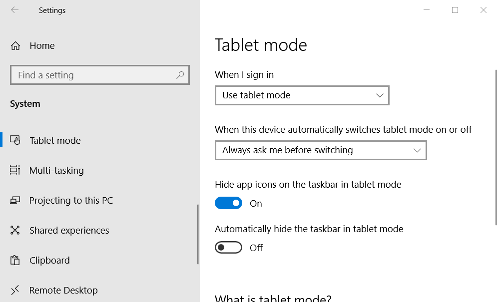 The tablet mode setting windows 10 blank icons
