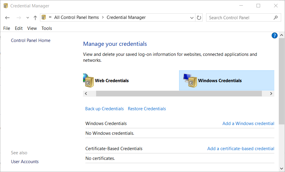 Opzioni delle credenziali di Windows Condivisione file di Windows 10 non funzionante