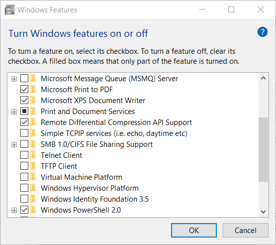 Windows Features window windows 10 file sharing not working