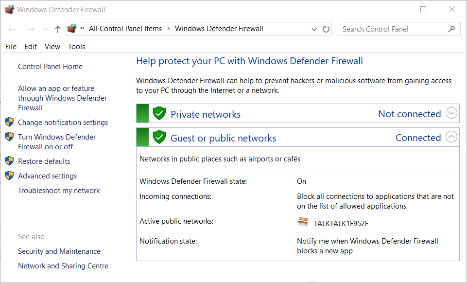 L'applet Windows Defender Firewall condivisione file di Windows 10 non funziona