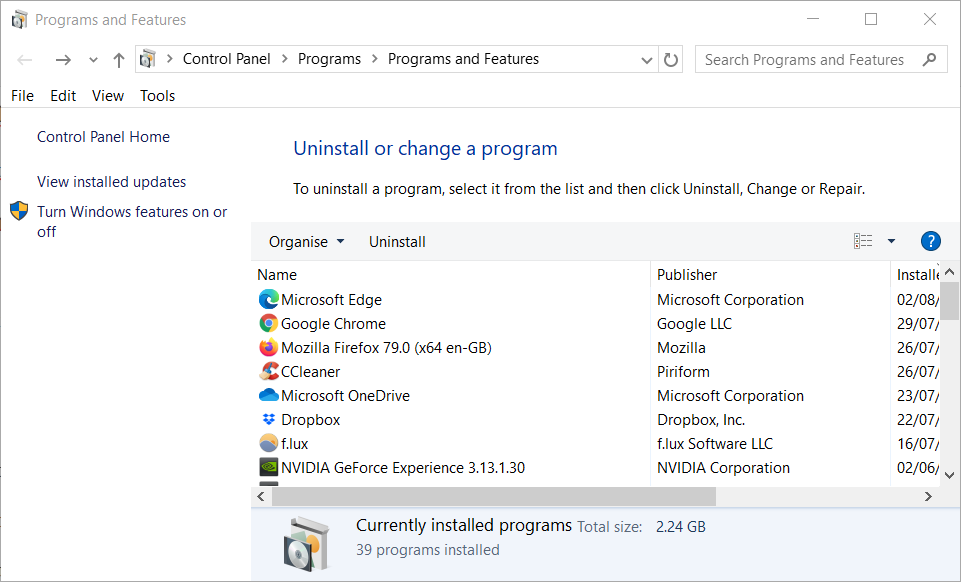 Prozor Programi i značajke Ponovo instalirajte audio upravljački program Windows 10 -> E, pridružite se