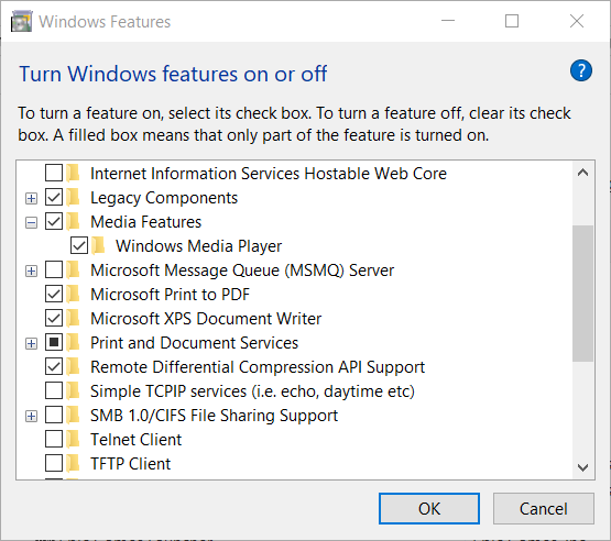 Windows Features window windows media player server execution failed