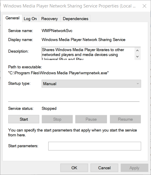 network sharing service properties window windows media player server execution failed
