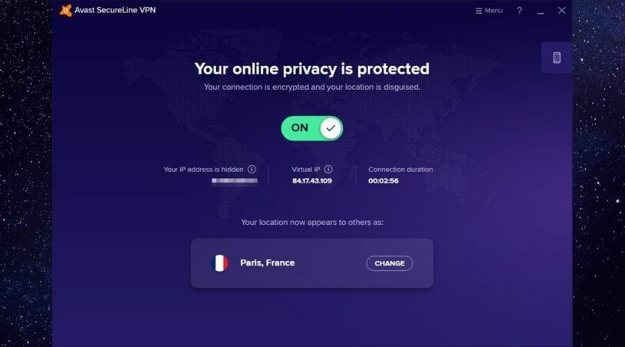 Avast VPN main window