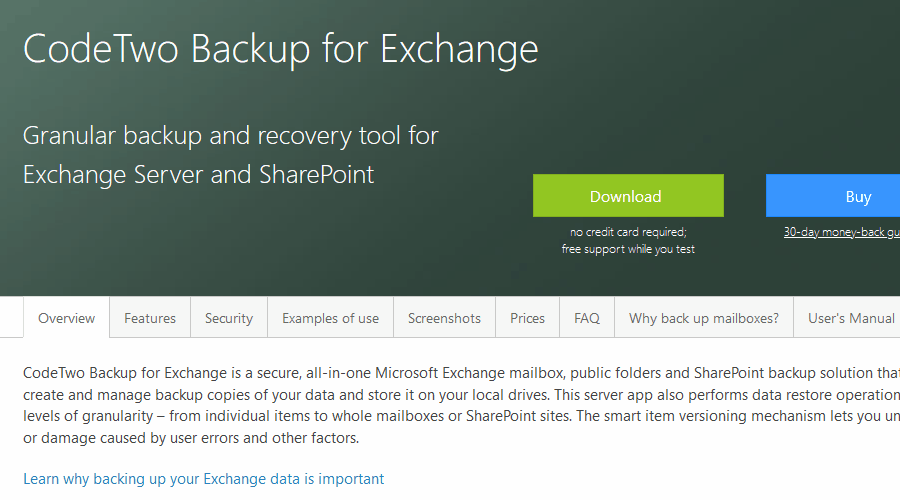 CodeTwo Backup for Exchange backup for Exchange