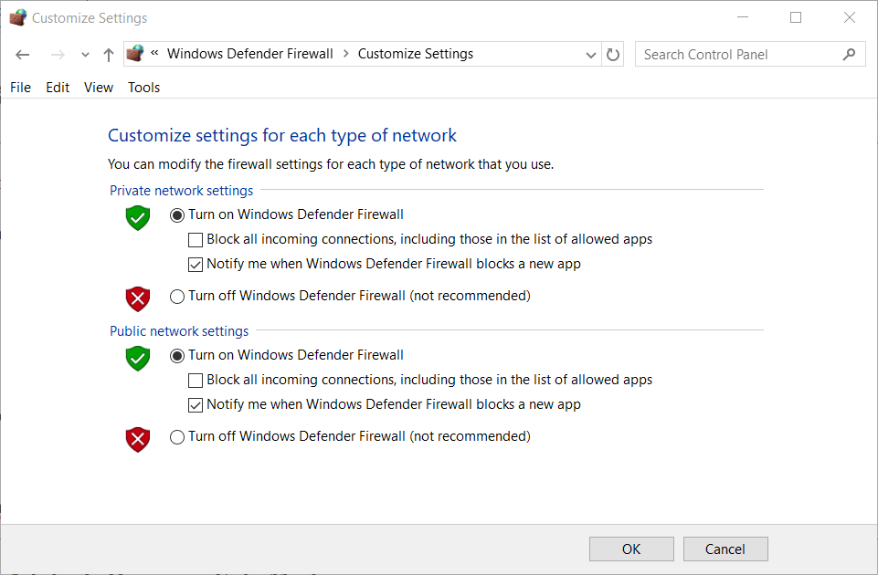 Vypněte možnosti brány Windows Defender Firewall a vyhrajte bezplatnou zkušební verzi aplikace Adobe Design