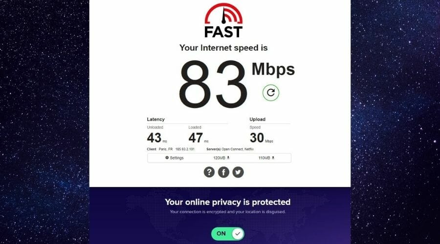 Fast.com speed test with Avast VPN