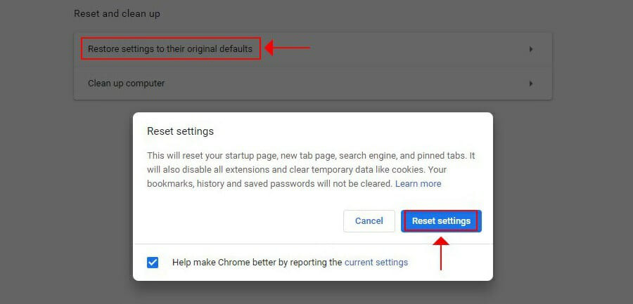 reset settings in Google Chrome