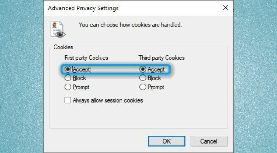 Internet Explorer Accept cookies