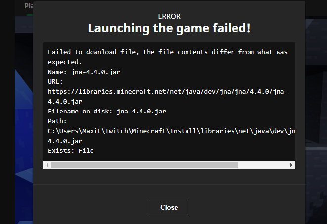 minecraft failed to download file