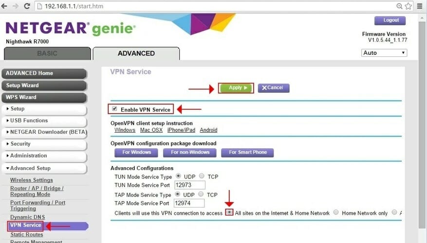 enable VPN service on Netgear router
