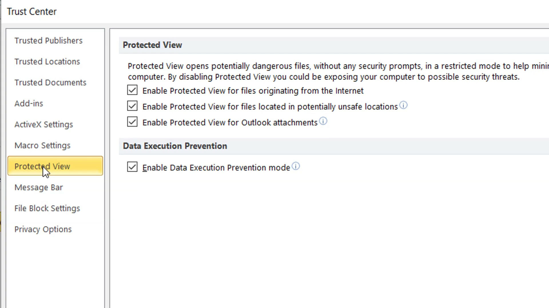 Protected View options the file couldn't open in Protected View