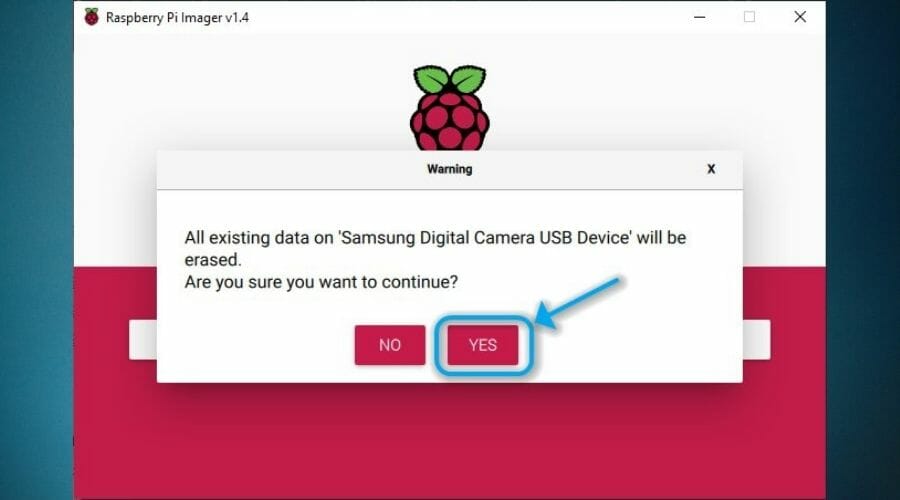 Raspberry Pi Imager Yes button