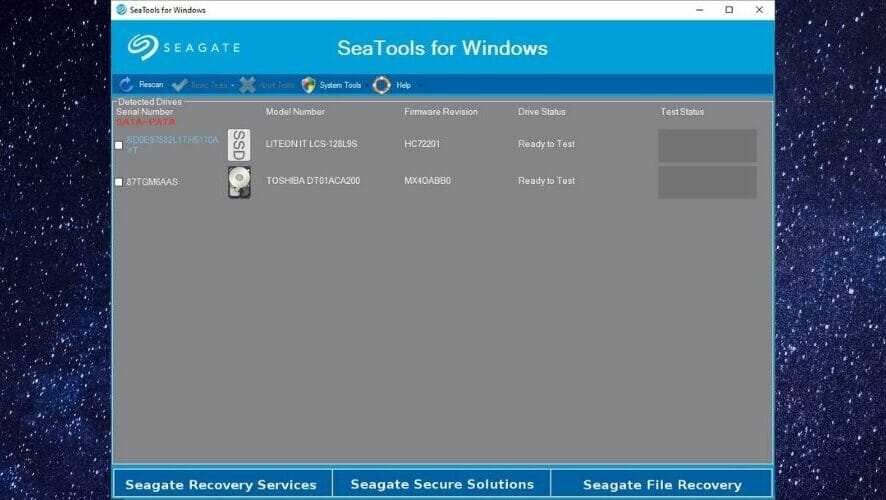 Main screen of Seagate SeaTools