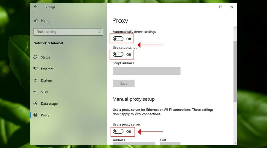 disable proxy in Windows 10