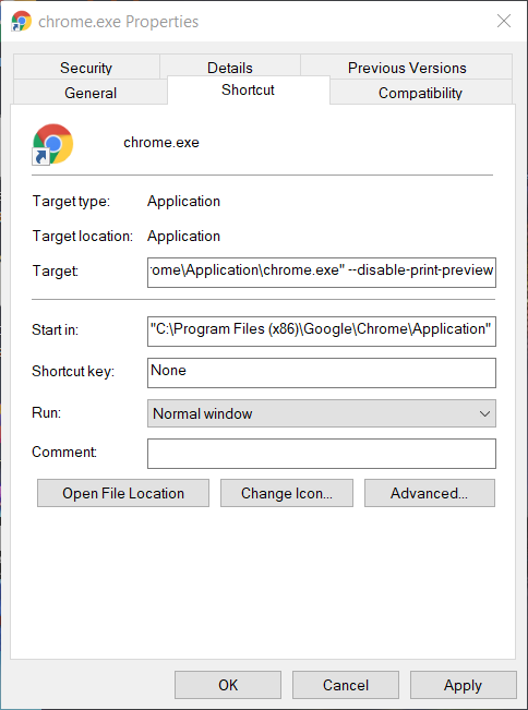 --disable-print-preview switch chrome system print dialog