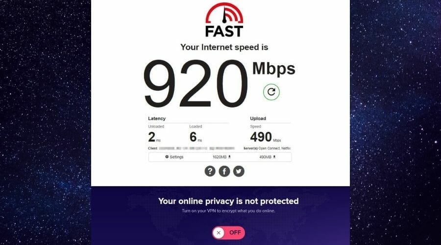 Fast.com speed test without Avast VPN