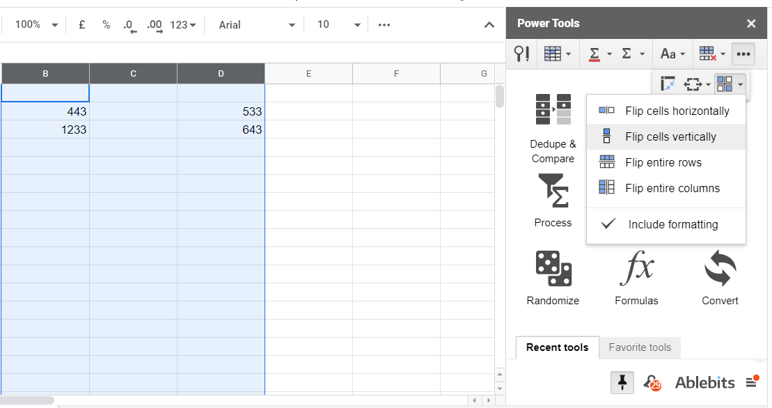 The Flip adjacent rows, cells, and columns option How to swap cells in Google Sheets