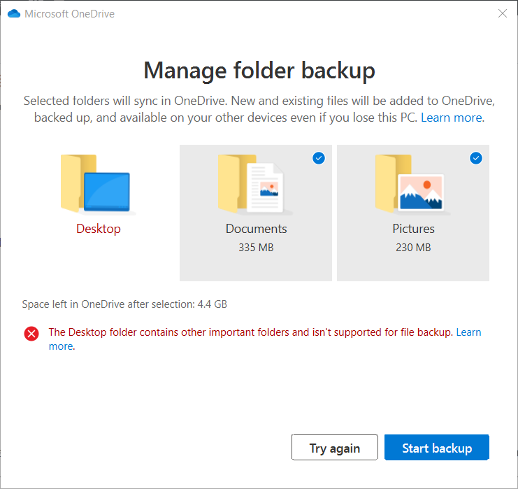 Manage folder backup window backup for OneDrive