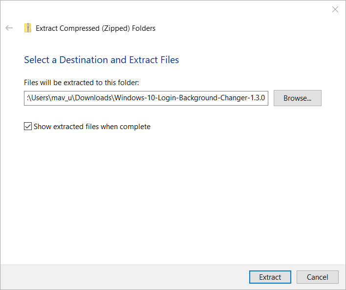 Extrageți folderele comprimate fereastra de schimbare fereastră de conectare la Windows 10