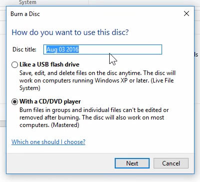 Nagraj okno DISC klon DVD Windows 10