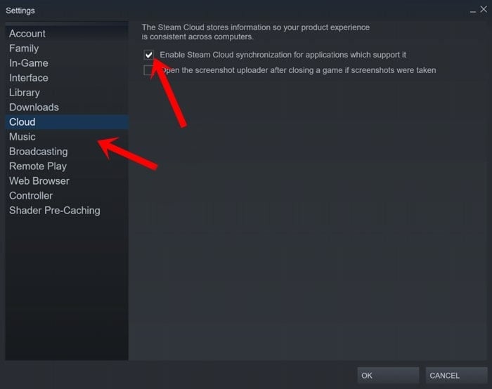 enable steam cloud synchronization backup Steam game files