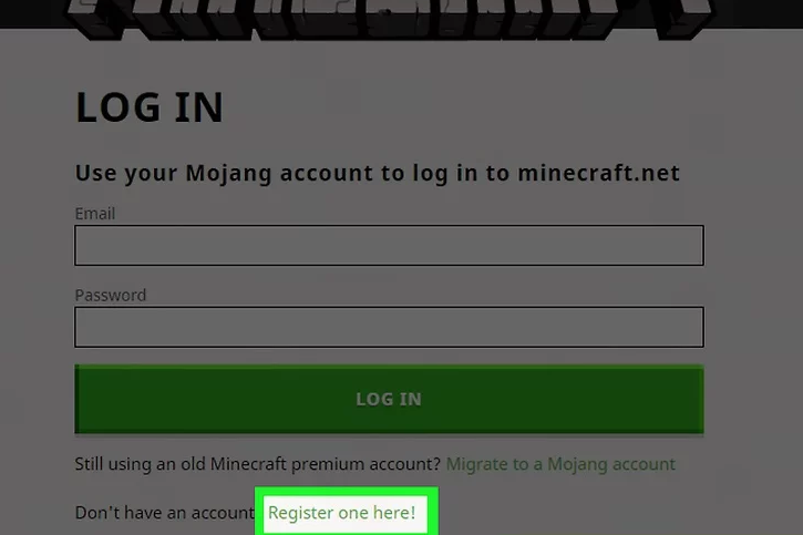 Mojang account registration page