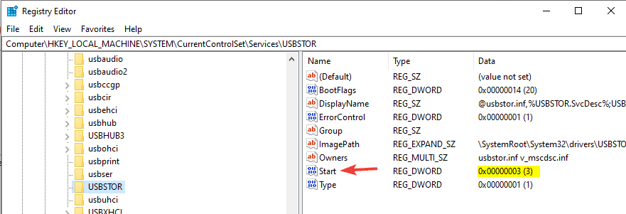 редакторът на системния регистър usb mass storage има проблем с драйвера