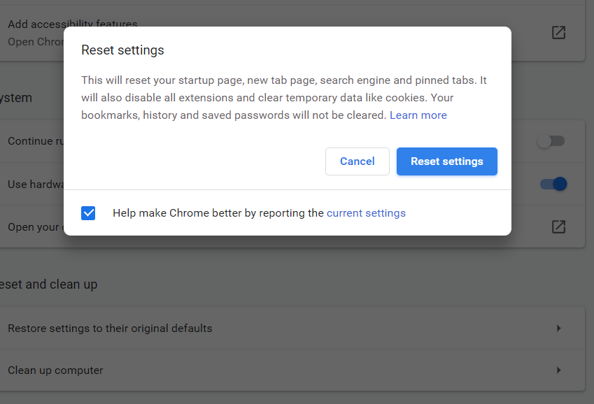 The Reset settings button chrome update error 12 / chrome update failed error 12 / google chrome update failed error 12