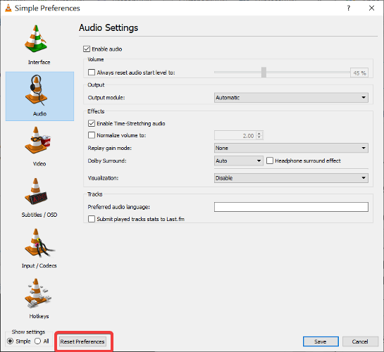 vlc audio not working reset preferences