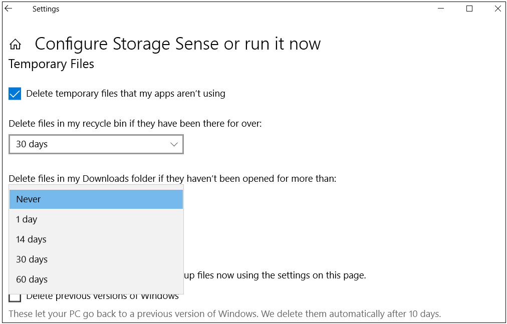 Configure Storage Sense how to delete win download files in windows 10