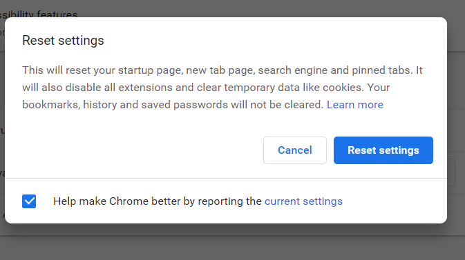 Reset settings button an error occurred running the unity content on this page chrome