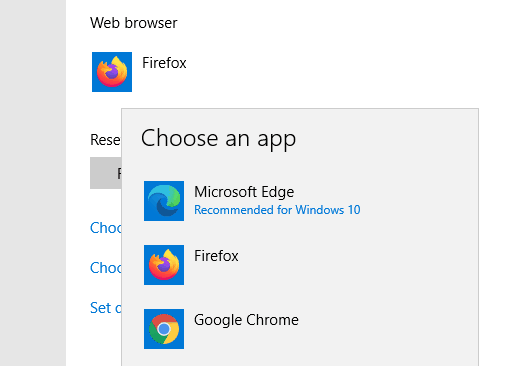funkce otočení systému Windows Windows 10 stále obnovuje výchozí prohlížeč