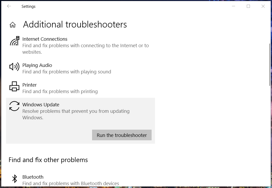Additional troubleshooters list windows update code 800b0100